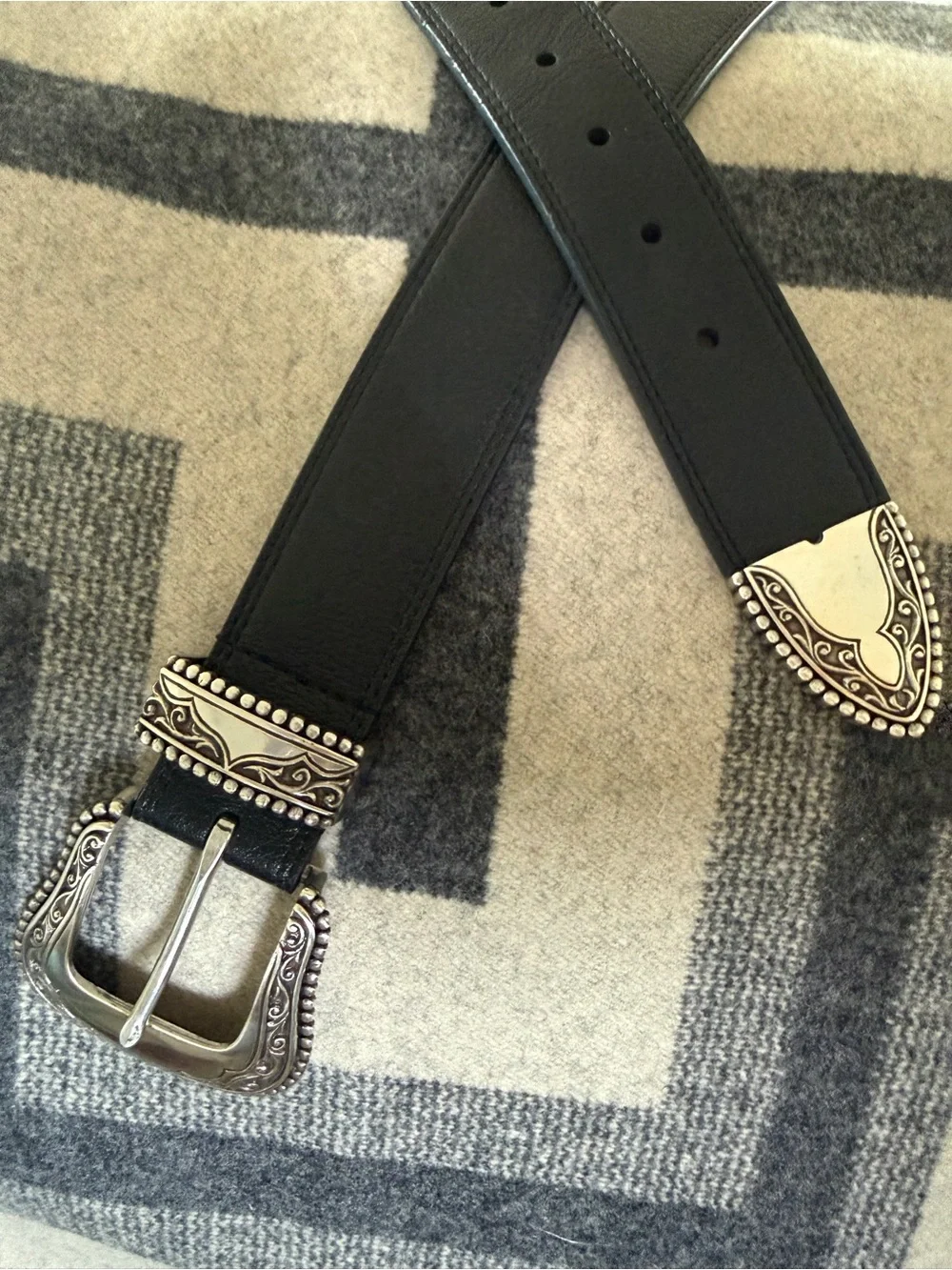 Black Western Belt Ornate Silver Buckle & Tip M